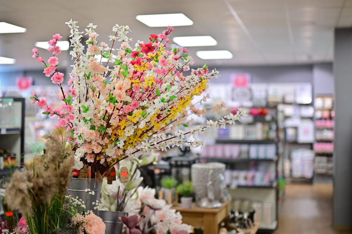 Einblick in das innere einer Woolworth Filiale mit künstlichen Pflanzen
